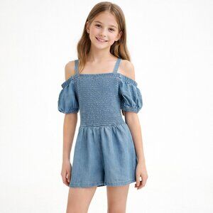 bebe girls Smocked Romper Cold Shoulder Short Sleeve Chambray Blue M 10-12